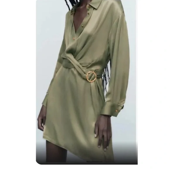 Zara | Dresses | Vguc 89 Zara Khaki Green Satin Belted Mini Shirt Dress |  Poshmark